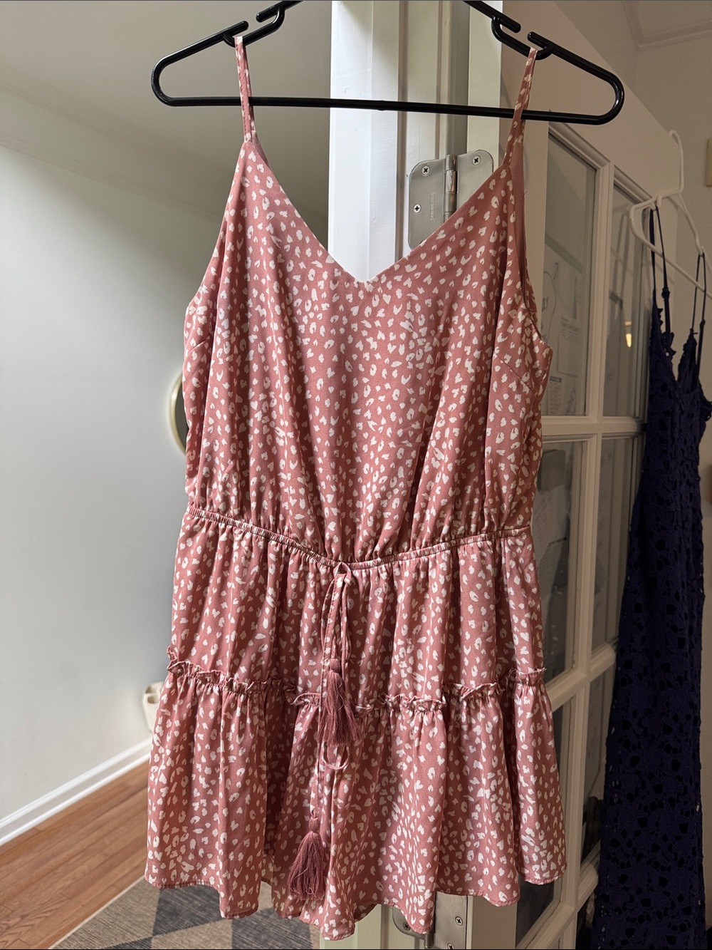 Blush Pink Spotted Tiered Tassel Cami romper